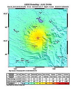 美国地质勘探局提供的本次地震烈度分布图，震中以五角星标识。