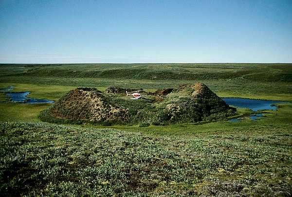 Collapsed pingo in the Mackenzie Delta. The outline of the previously drained lake can be seen. August 8, 1987.