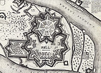 La tête de pont de Mannheim (Mannheimer Rheinschanze) et la citadelle, en 1645.