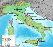 Principales voies romaines en Italie : la Via Appia est en rouge.