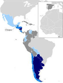 The regions in dark blue completely replace tu with vos. In the regions in lighter blue, tuteo and voseo occur simultaneously. In the regions in grey, only tuteo occurs. Mapa - Paises voseantes2011.png