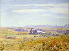 Marianne North (1830-1890) - View of Cadle's Hotel and the Kloof Beyond near Grahamstown - MN444 - Marianne North Gallery, Royal Botanic Gardens, Kew.jpg