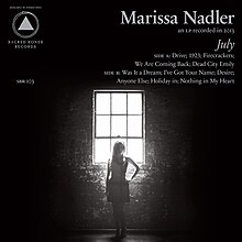 A black-and-white photograph of Marissa Nadler silhouetted against a window in a brick wall, with the album artist, title, and song names listed in silver on the right