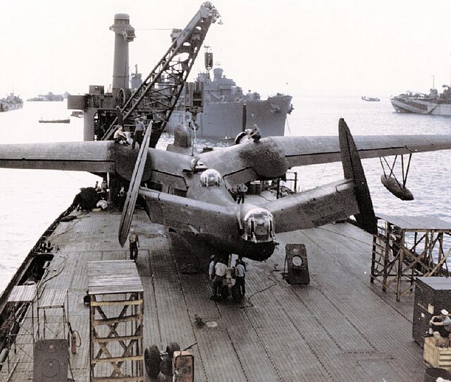 A PBM-5 on the deck of USS Norton Sound in April 1945 off Saipan