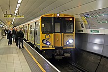 The refurbished Wirral Line platform,at Lime Street underground station in 2015,with a Merseyrail Class 507 service Merseyrail Class 507,507003,Liverpool Lime Street underground station (geograph 4500645).jpg