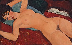 Cuadro de una mujer desnuda acostada vista desde arriba, brazos levantados, cabeza a la derecha, pelvis y muslos anchos