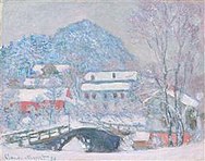 Maleri av Claude Monet som viser Løkke Bro i Sandvika med Kolsås i bakgrunnen.