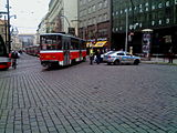 English: Tram traffic in Prague regarding gass explosion in Divadelní Street April 29, 2013. Czech Republic.