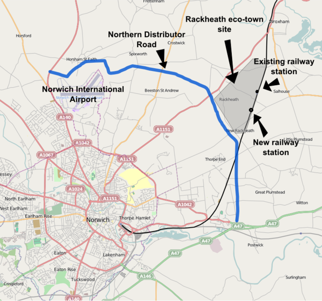 A map showing the location of the proposed settlement in relation to local transport links Norwich rackheath map.png