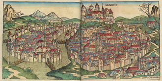 Woodcut of Krakow from the Nuremberg Chronicle, 1493 Nuremberg chronicles - CRACOVIA.png