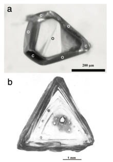 Examples showing the imposition of the host diamond's morphology on the included mineral in syngenetic inclusions. (a) Inclusion of olivine in diamond with their faces imposed by octahedral (o) and cubic (c) shapes common in diamond. (b) Diamond with several olivine inclusions with faces parallel to the octahedral diamond face. Olivine inclusions in diamond.png