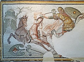 A hippeis rider seizes a mounted Amazonian warrior armed with a labrys by her Phrygian cap. Roman mosaic emblema (marble and limestone) from Daphne, a suburb of Antioch-on-the-Orontes (now Antakya in Turkey), second half of the 4th century AD, the Louvre, Paris Orient mediterraneen de l'Empire romain - Mosaique byzantine -5.JPG