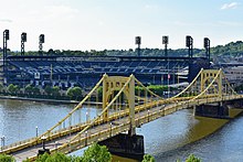 The 6th Street Bridge was renamed the Roberto Clemente Bridge in honor of the former Pirate. PNC Park with Roberto Clemente Bridge May 2018.jpg