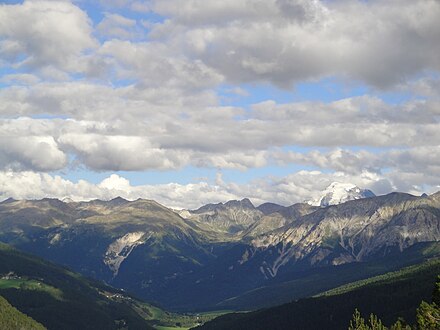 A view from North (Münstertal) with Piz Costainas (Furkerspitz), Piz Minschuns and in background Ortler