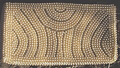 Vintage evening bag, made of ivory satin encrusted with faux pearls and glass bugle beads