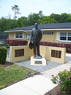 Penney Farms Town Hall with a statue of James Cash Penney