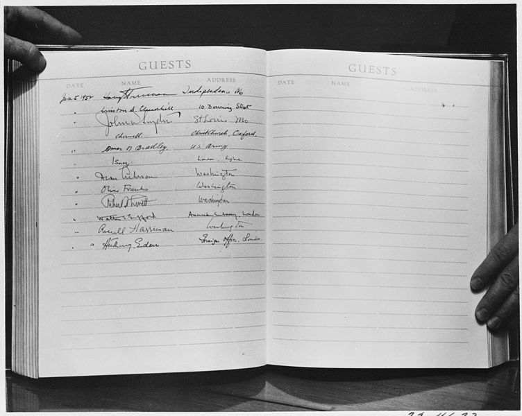 File:Photograph of the guest log of President Truman's yacht, the U.S.S. WILLIAMSBURG, bearing the signatures of the... - NARA - 199023.jpg