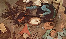 Waffle iron held over a fire in Pieter Bruegel's The Fight Between Carnival and Lent, 1559 Pieter Bruegel waffle iron.jpg