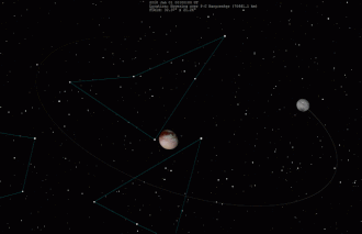 Pluto-Charon system: the barycenter lies outside of Pluto. Pluto-Charon system-new.gif