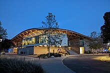 Pomona's Studio Art Hall, completed in 2014, garnered national recognition for its steel-frame design. Pomona College Studio Art Hall at dusk.jpg