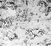 front: Attributed to Hieronymus Bosch. Monsters. 1465-1516. brown pen on paper. 15.6 × 17.6 cm (6.1 × 6.9 in). Berlin, Kupferstichkabinett.
