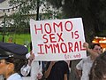 Protestors at a pride parade in Jerusalem with sign that reads, "Homo sex is immoral (Lev. 18-22)".jpg