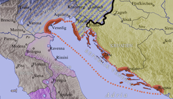 Bản đồ Cộng hòa Venezia, khoảng năm 1000. Quốc gia này màu đỏ đậm, biên giới màu đỏ sáng