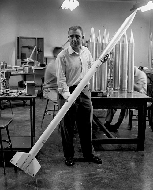 James Van Allen holding (Loki) instrumented Rockoon, Credit: JPL