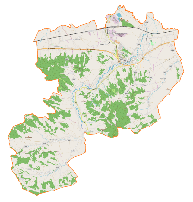 Mapa konturowa gminy Ropczyce, blisko centrum na prawo u góry znajduje się punkt z opisem „Ropczyce”