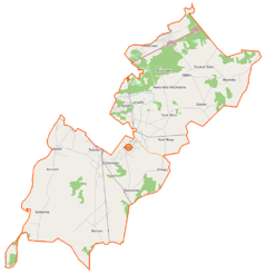 Mapa konturowa gminy Rzekuń, u góry nieco na prawo znajduje się punkt z opisem „Laskowiec”