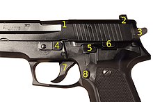 SIG Sauer P226 controls and parts: 1.  Ejection port, 2. Rear sight, 3. Hammer, 4. Takedown lever, 5. Decocker, 6. Slide stop, 7. Trigger, 8. Magazine release. SIG P226 IMG 3053-labels.jpg