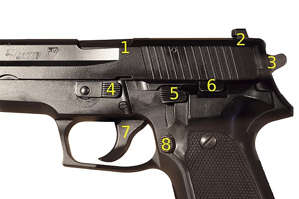 Detail of the controls and parts: 1. Ejection port/locking lug, 2. Rear sights, 3. Hammer, 4. Takedown lever, 5. Decocker, 6. Slide stop, 7. Trigger, 