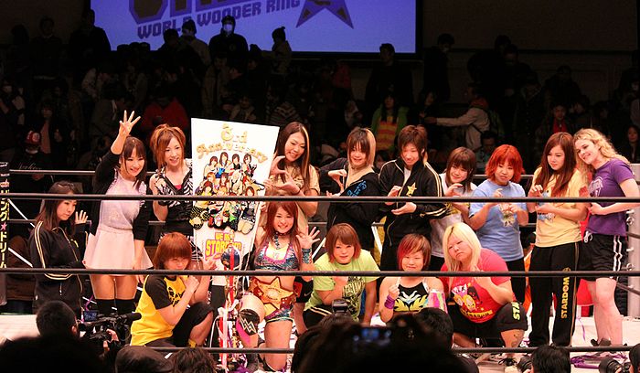 Stardom's roster at the promotion's third-anniversary event in April 2014