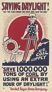 DST was first implemented in the United States to conserve energy during World War I. (poster by United Cigar Stores) Saving Daylight - Save 1,000,000 tons of coal NMAH-AC0433-0000103.jpg