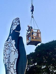 Stevens installing 'E M B R A C E' Performing Arts Precinct Cairns 2016 Sculpture IMG 9448.jpg