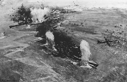 An artist rendition of the sinking of HMS Prince of Wales and HMS Repulse