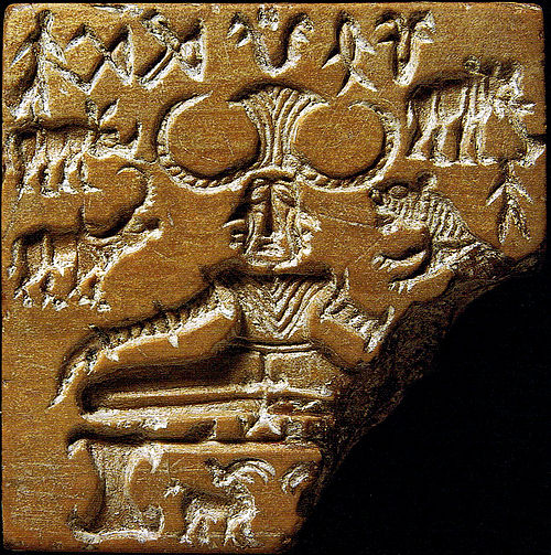 The so-called Pashupati seal, showing a seated and possibly ithyphallic figure, surrounded by animals.