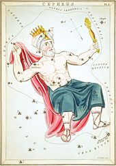 Cepheus as depicted in Urania's Mirror, a set of constellation cards published in London, c. 1825 Sidney Hall - Urania's Mirror - Cepheus.jpg