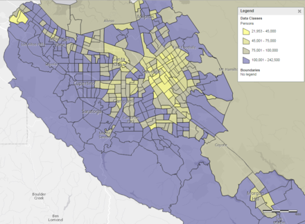 Thematic map showing median household income across central Santa Clara County