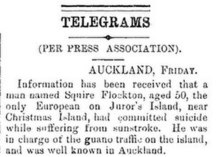 News story of Squire Flockton's death on Jarvis.  The name Juror's Island in the article is a typographical error for Jarvis Island.[21]