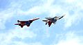* Nomination The two of MIG-29 of aerobatic team Strizhi on air show in the Sochi Olympic Park. --Sergei Kazantsev 08:29, 31 May 2015 (UTC) * Decline Pretty but not a QI, it lacks sharpness, sorry --Poco a poco 09:18, 31 May 2015 (UTC) Agree. Please,  Delete from nomination--Sergei Kazantsev 10:43, 31 May 2015 (UTC)