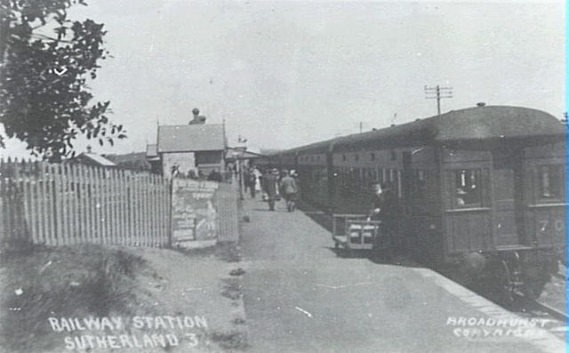 Sutherland Railway Station, view looking down platform with train waiting, ca. 1920s. This train was typical of the steam services on the line before electric services were introduced in 1926.