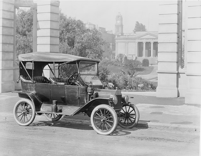Ford Model T parked outside the Geelong Library at its launch in Australia in 1925.