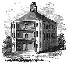 The first Vermont State House, built in 1808, was designed by Sylvanus Baldwin. The first Vermont State House (1808 wood engraving).jpg