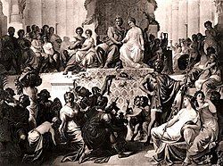 Alexander the Great marries Stateira and Hephaistion marries Stateira's sister, Drypetis, at Susa. The weddings at Susa, Alexander to Stateira and Hephaistion to Drypetis (late 19th century engraving).jpg