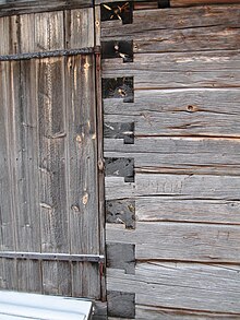 A locked or tooth-edge joint in the door corner of an old wooden storage building at the Lamminaho estate in Vaala, Finland Tooth type edge joint.jpg