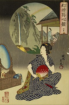 Toyohara Chikanobu: Japanilainen majatalo kuumilla lähteillä, 1890, 25.1 × 36.8 cm. Museum of Fine Arts, Houston.[33]