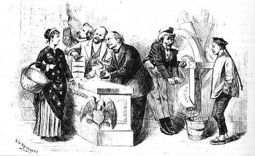 A political cartoon published in the April 25, 1874 issue of Harper's Weekly. Entitled "Rags for Our Working Men--Specie for the Foreigners", the caption for this cartoon reads "Columbia: Dear me, I do think it very wrong that the good nice trade dollar (worth 100 cents) should be sent out of the country for the benefit of the 'heathen Chinee,' for if these gentlemen are permitted to have their own way, it will take a basket full of greenbacks (worth --?) to buy dinner for my children." TradeDollarCartoon.jpg