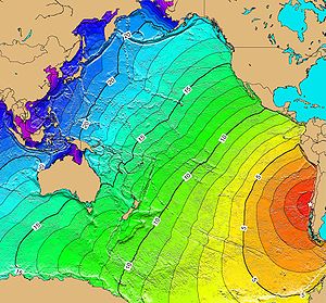 May 22, 1960: Earthquake strikes Chile, triggers tsunamis and aftershocks that kill over 5,000 people in Chile, U.S., and Japan Tsunami travel time Valdivia 1960.jpg