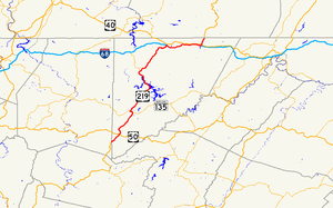 A map of far western Maryland showing major roads. U.S. 219 runs the length of Garrett County, connecting Oakland with I-68.